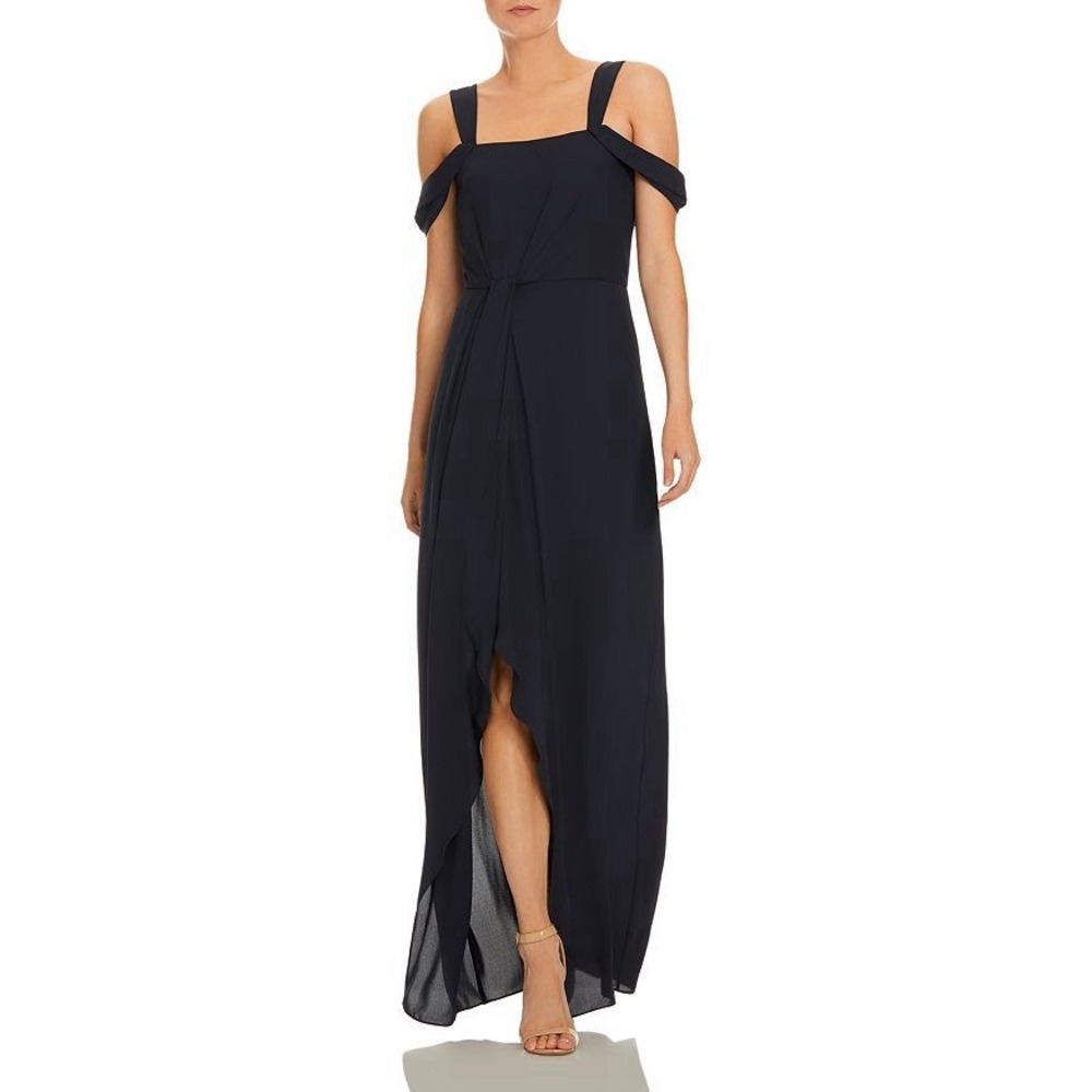 Halston Heritage Draped Georgette Cold-Shoulder Gown EUC Dark‎ Navy Size 8